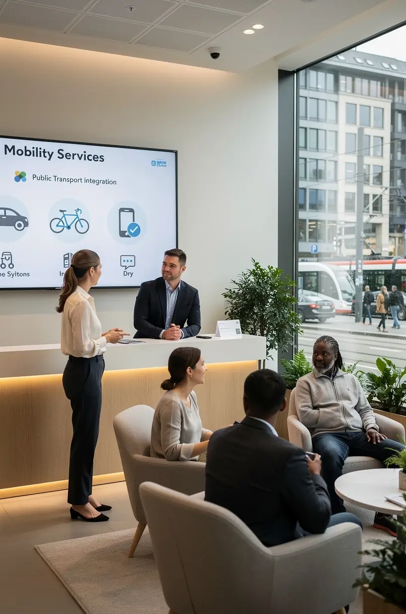 Übersichtliches Servicezentrum mit spezialisiertem Personal zur Unterstützung von Mobilitätsmanagement und Fahrzeugwartung.