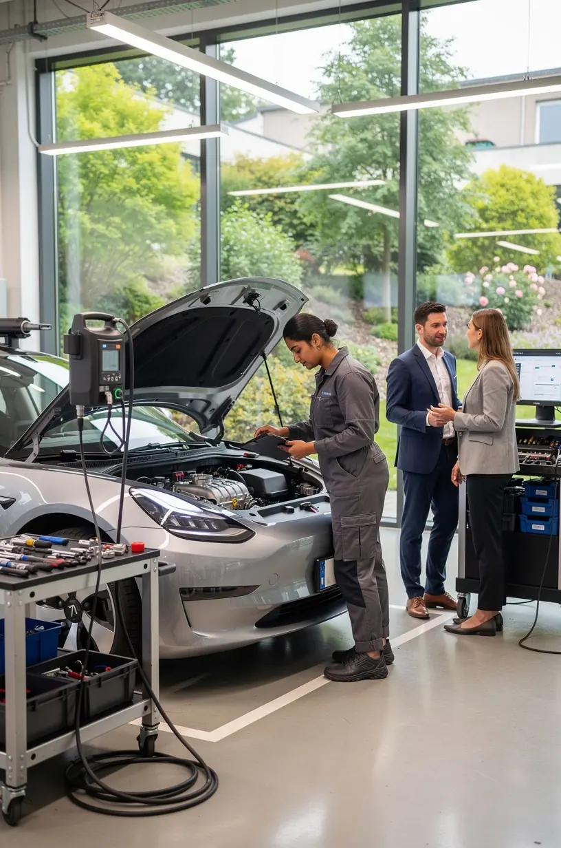 Techniker führt umfassende Fahrzeuginspektion unter Verwendung präziser Diagnosetechnologien durch.